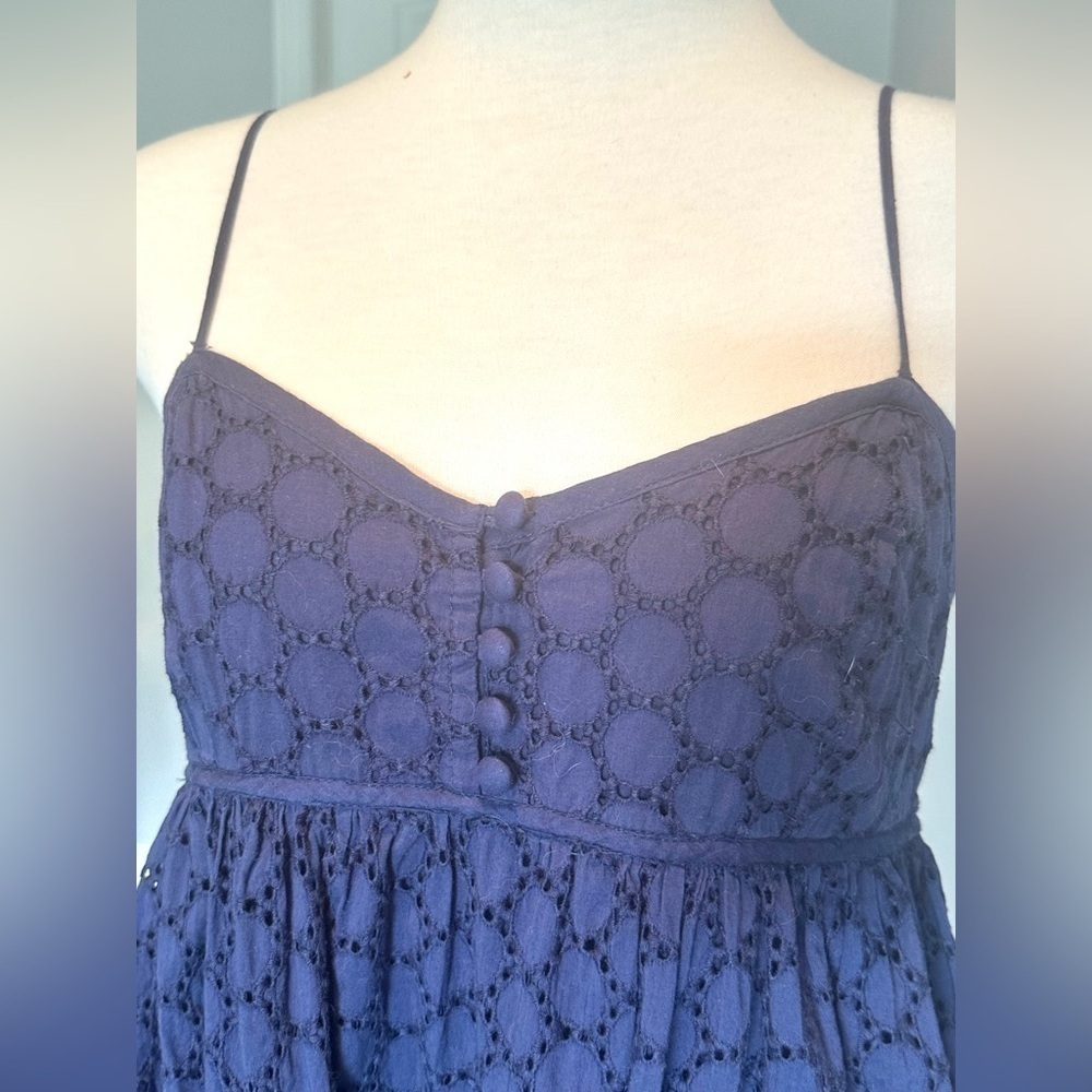 SUZY SHIER Navy Blue Eyelet Baby Doll Spaghetti Strap Empire Waist Summer Dress - Picture 5 of 10